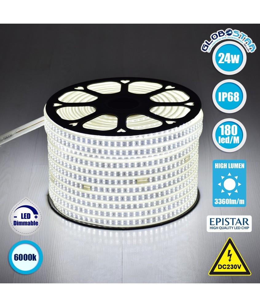 GLOBOSTAR® EPIWIDE 70510 Ταινία LED 24W-m 2400lm-m 120° DC 220-240V Αδιάβροχη IP65 180 x SMD2835 Chip-m Ψυχρό Λευκό 6000K Dimmable - Epistar SMD Chip - M100 x Π1.6 x Υ0.7cm - 3 Χρόνια Εγγύηση